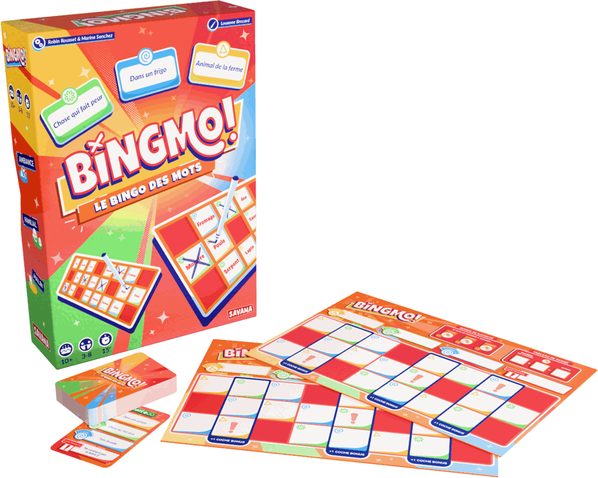 Contenu de la boîte BINGMO : ardoises, feutres et cartes Thème